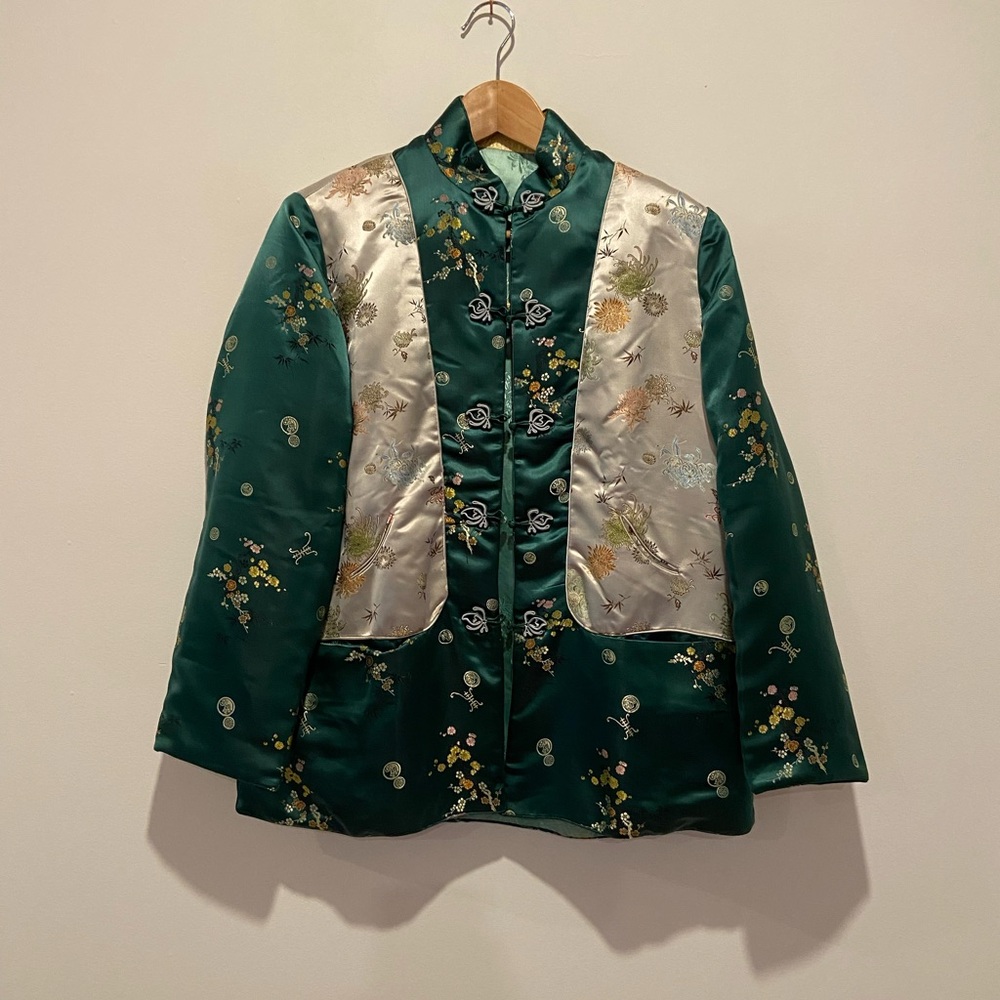 Unique Reversible Chinese Floral Jacket in Green and Silver with hints of Gold